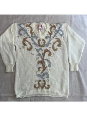 Vintage Knit Sweater Womens Size Medium M Cream Gold Metallic V Neck Beaded 90s